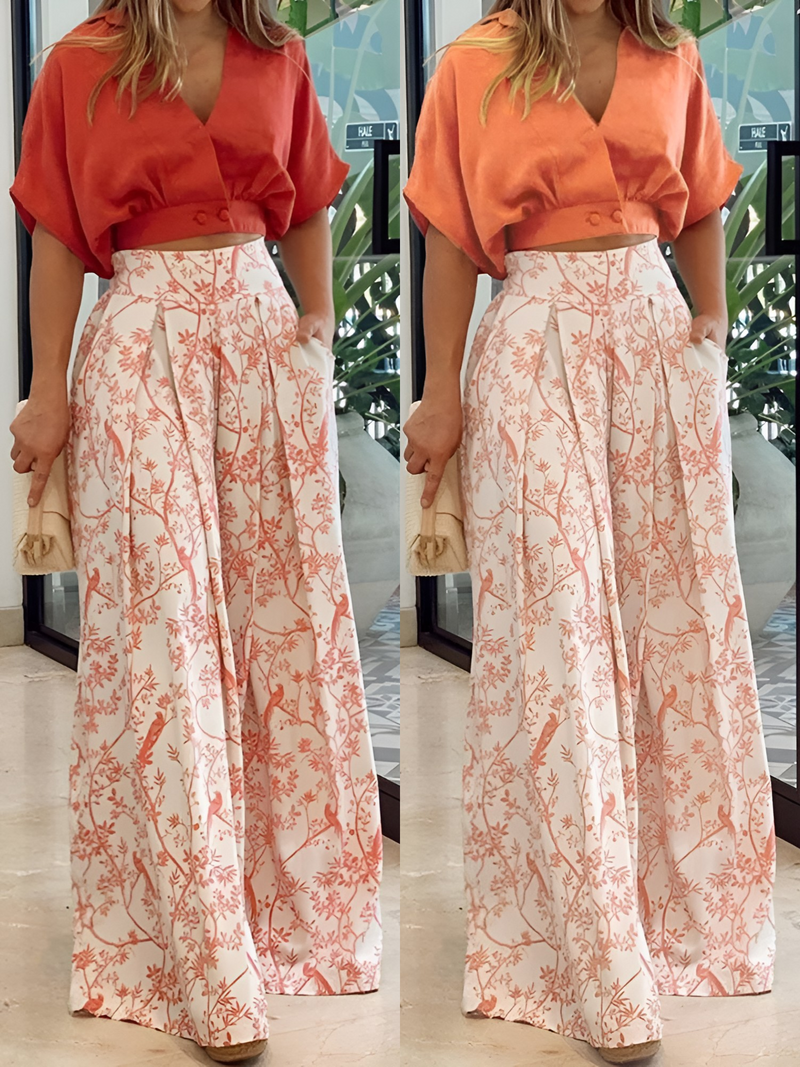 Two-piece summer outfit with loose blouse and wide-cut pants – Élise