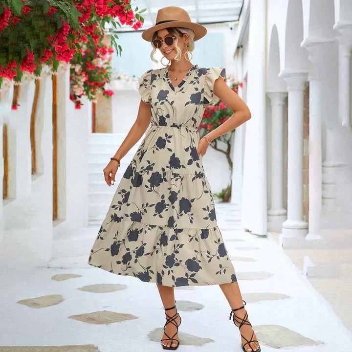 A-line summer dress with puff sleeves and color accent – Thalia