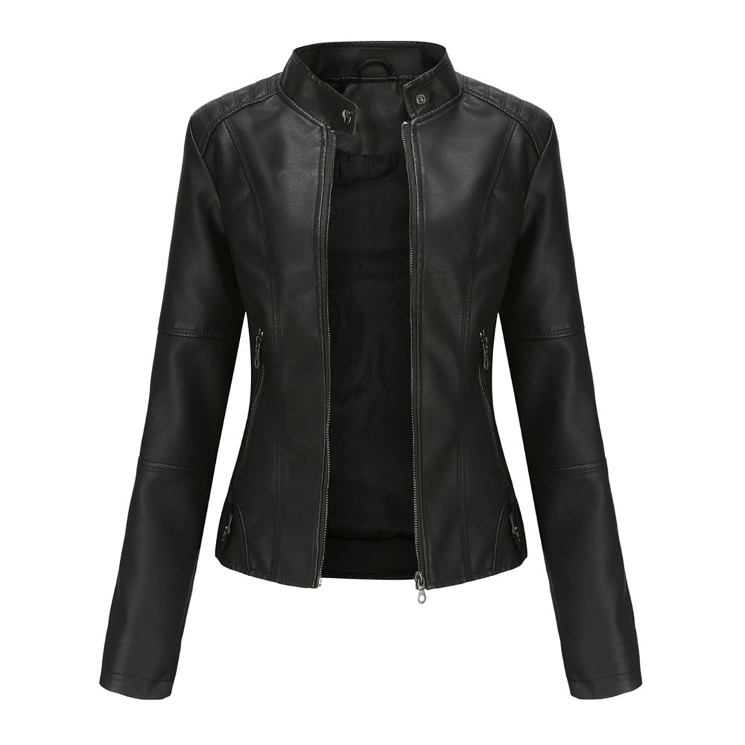 Schwarze Damen-Lederjacke, Reißverschluss, Stehkragen, modisch, elegant, hochwertig.
