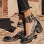 Schwarze Damenstiefeletten mit Blockabsatz, Vintage-Look, Leder, Schnallenriemen, Outdoor.