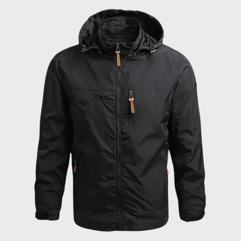 Schwarze Herrenjacke mit Kapuze, Reißverschlüssen und Taschen, Outdoor-Bekleidung.