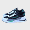 Schwarze Mesh-Sneaker, Herren, sportlich, atmungsaktiv, grün-weiße Akzente, modisch.