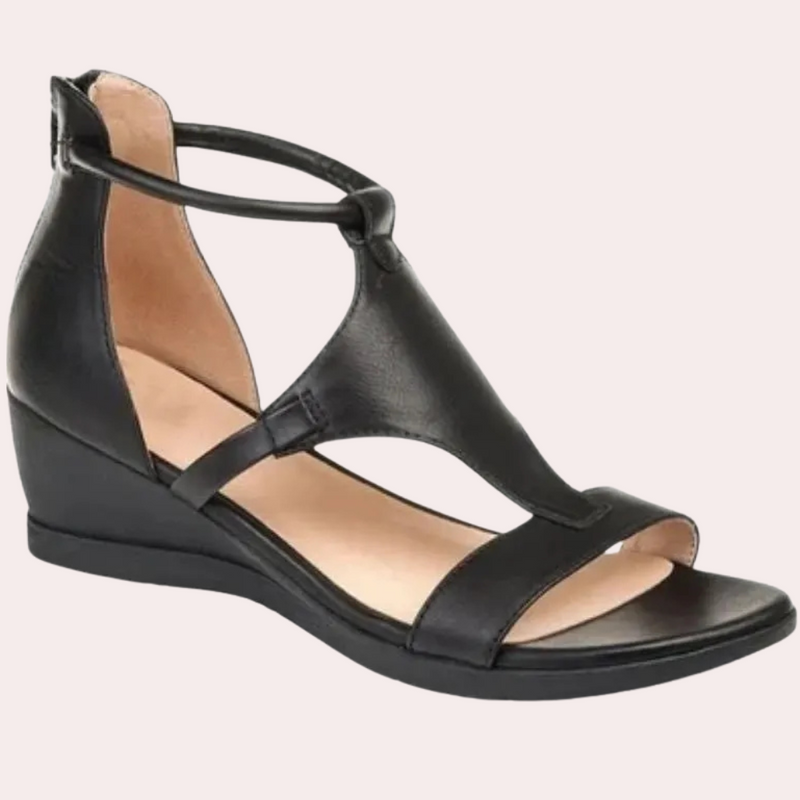 Schwarze Damen-Sandale mit Keilabsatz, Leder, elegant, bequem, Sommerschuh.
