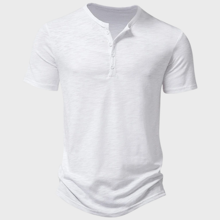 Weißes Herren-Henley-Shirt aus Baumwolle, kurzärmelig, Knopfleiste, lässig, modisch.
