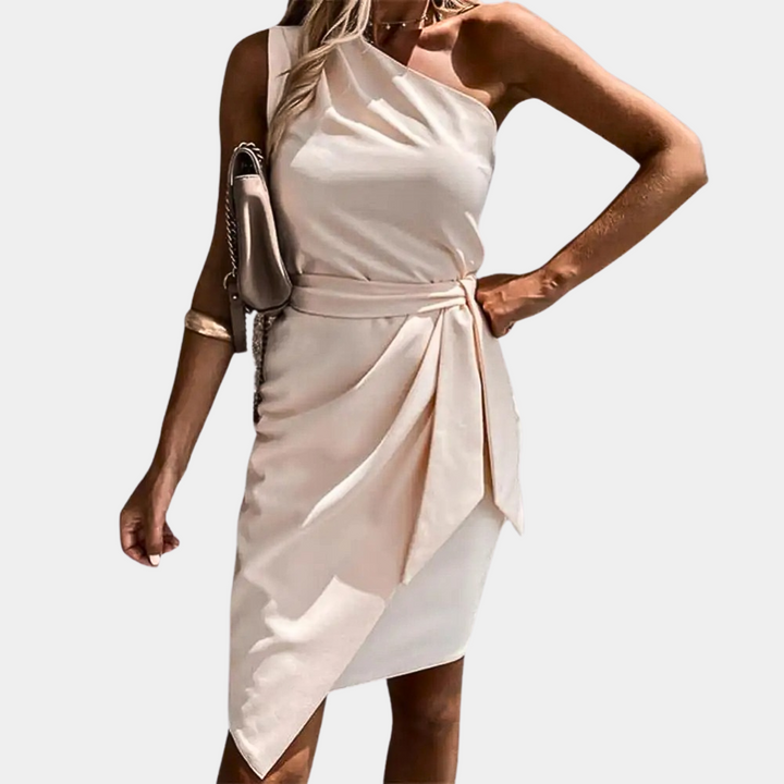 Trendy One-Shoulder Dress with Waistband - Adriana