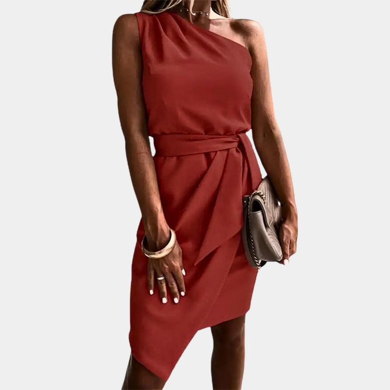 Trendy One-Shoulder Dress with Waistband - Adriana