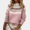 Frau in rosa Strickpullover mit Norwegermuster, modisch, elegant, Wintermode, Damenbekleidung.