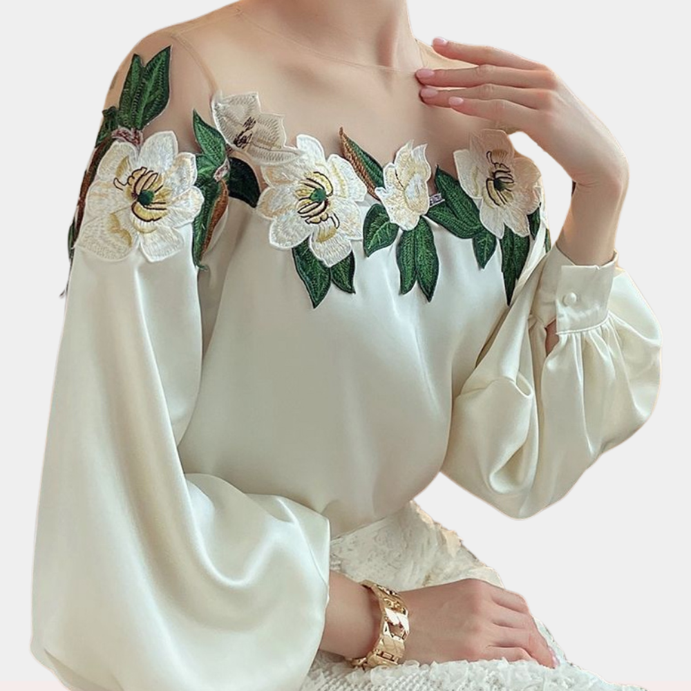 Floral Pattern Beige Women's Blouse with Loose Fit – Elvira