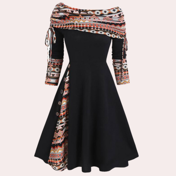Schwarzes Kleid mit buntem Aztekenmuster, Off-Shoulder, knielang, Damenmode.