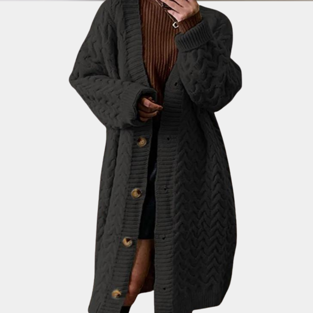 Damen Strickjacke schwarz, Zopfmuster, lange Ärmel, Knopfleiste, Herbstmode, gemütlich.