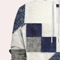 Patchwork-Hoodie in Weiß und Blau, geometrisches Muster, Baumwolle, Unisex, modisch, bequem.