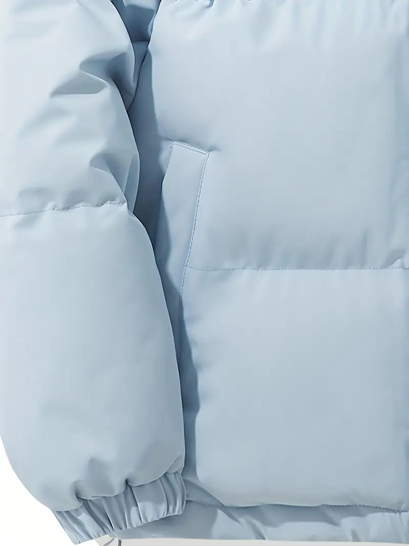 Blaue Kapuzenjacke, warm, klassisches Design, Wintermode, Polyester, isoliert, Herrenbekleidung.
