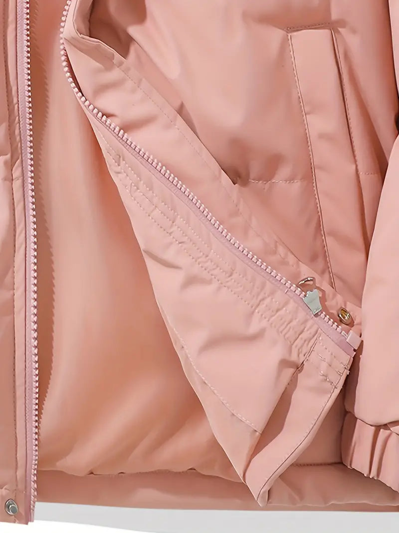 Rosa Kapuzenjacke aus Baumwolle, klassisches Design, warme Winterjacke für Damen.