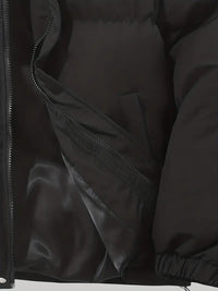 Schwarze Kapuzenjacke, klassisches Design, warm, Reißverschluss, Wintermode, Herrenbekleidung.