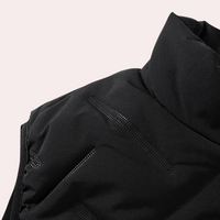 Schwarze Daunenjacke, gesteppter Stoff, hoher Kragen, Wintermode, isolierende Oberbekleidung.