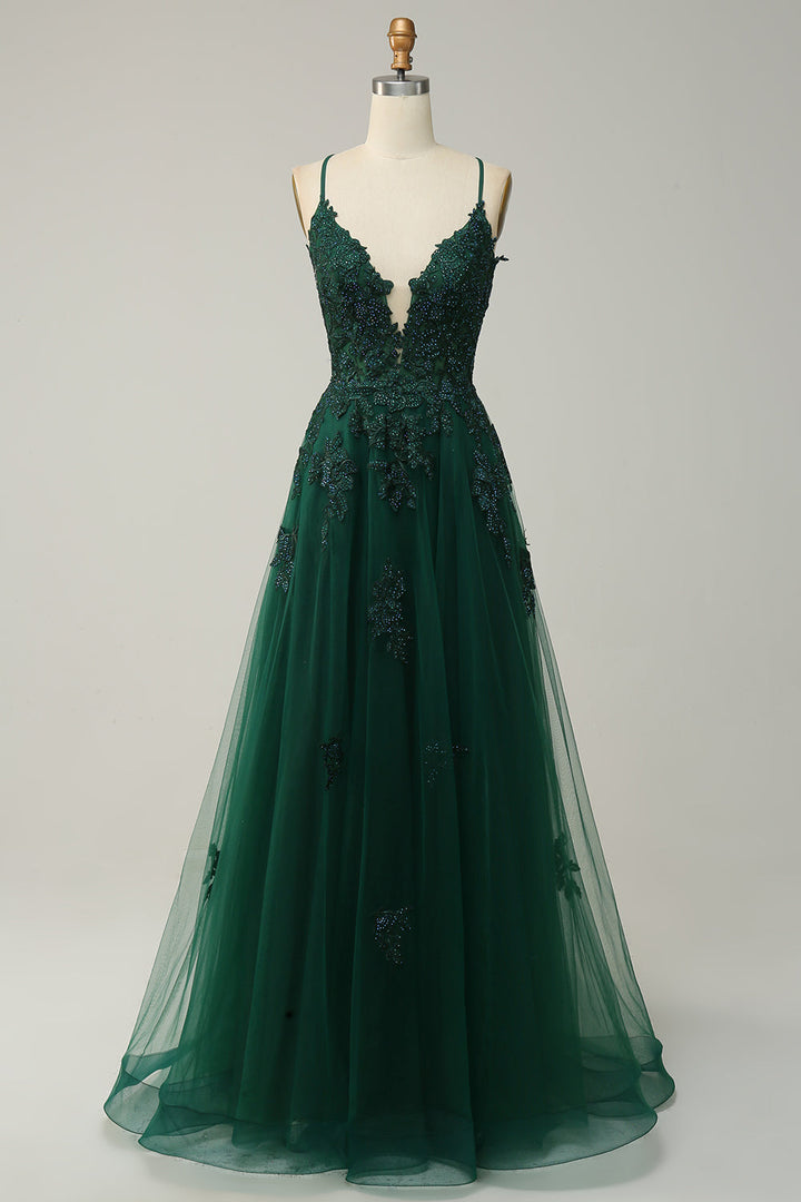 Stilvolles A-Linien Ballkleid mit Spaghettiträgern und Schnürung - Julia