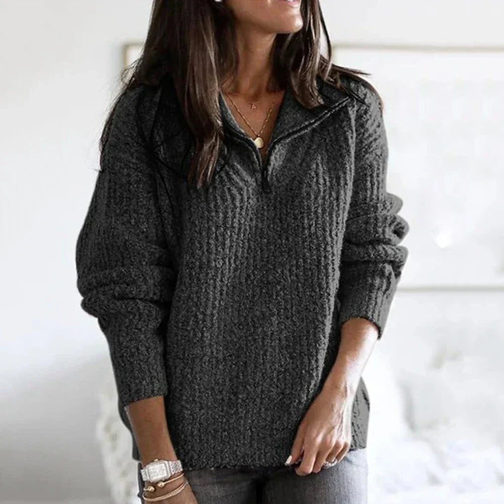 Herbstlicher strukturierter Damen Halbzip-Pullover mit langen Ärmeln – Noelle