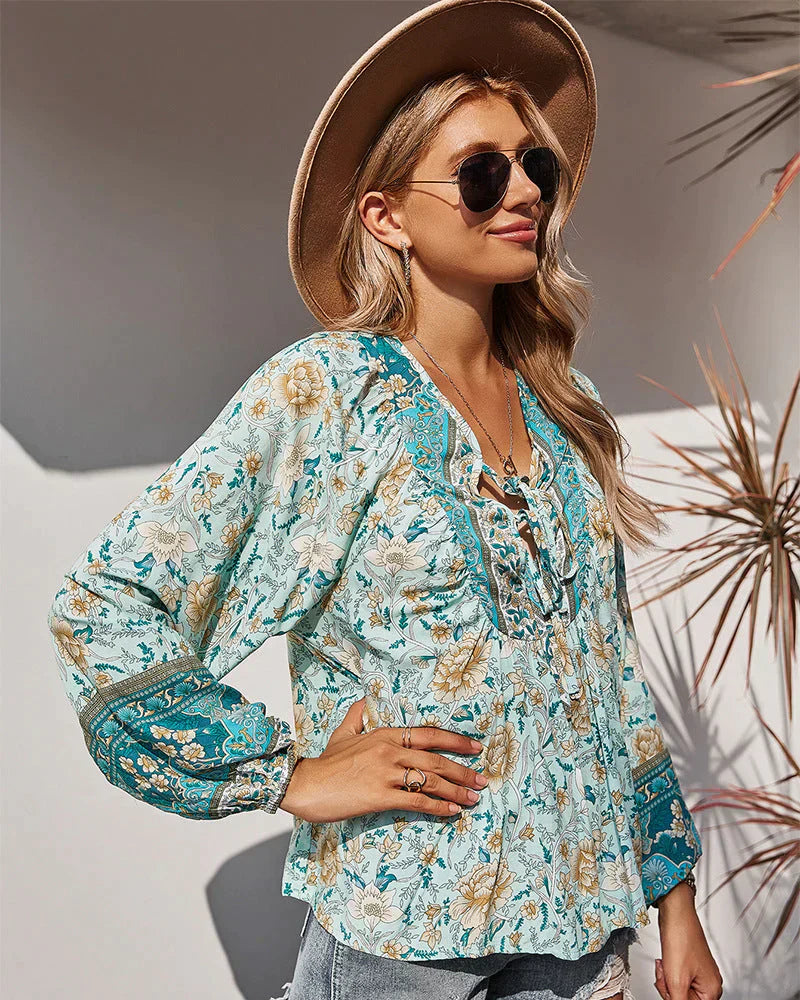 Vintage Boho Sommerbluse mit Blumenprint und langen Ärmeln – Sana