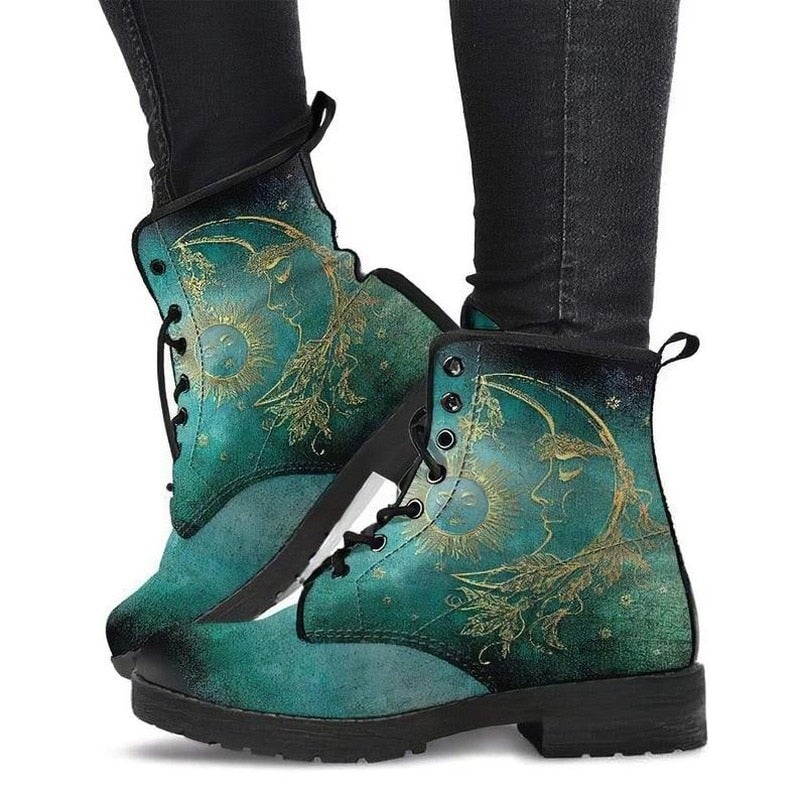 Damen-Stiefeletten mit Herbstlaub- und Mondmotiv – Selene