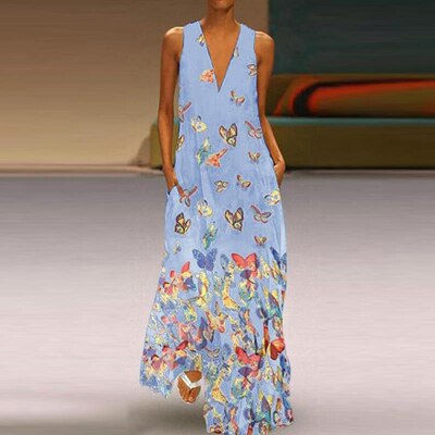Trendy Ärmelloses Maxi-Sommerkleid mit Schmetterlingsmuster – Malia