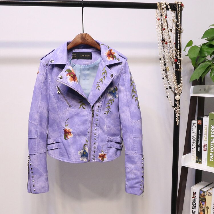 Bestickte Damen Kunstlederjacke im Bikerstil – Eleonora