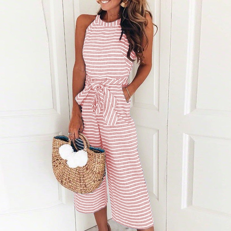 Gestreifter Sommer-Jumpsuit für Damen mit weitem Bein und V-Ausschnitt – Alina