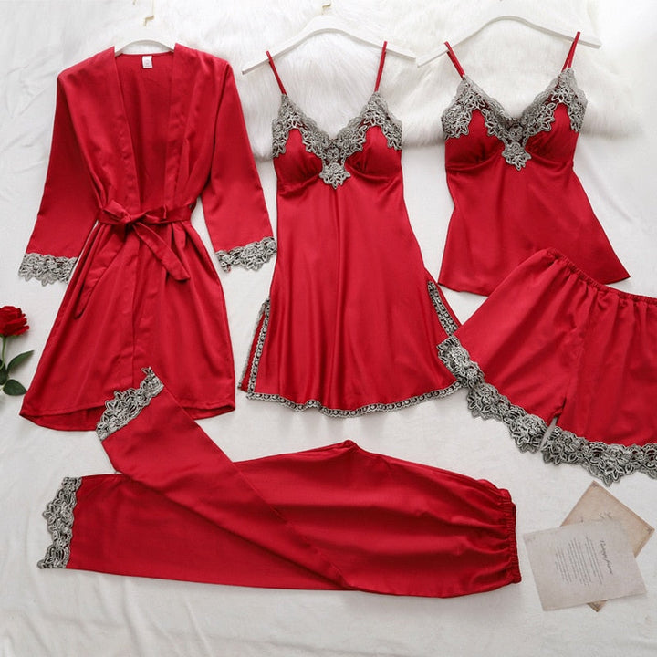 Satin-Schlafset Damen 5-teilig mit Spitze – Amara