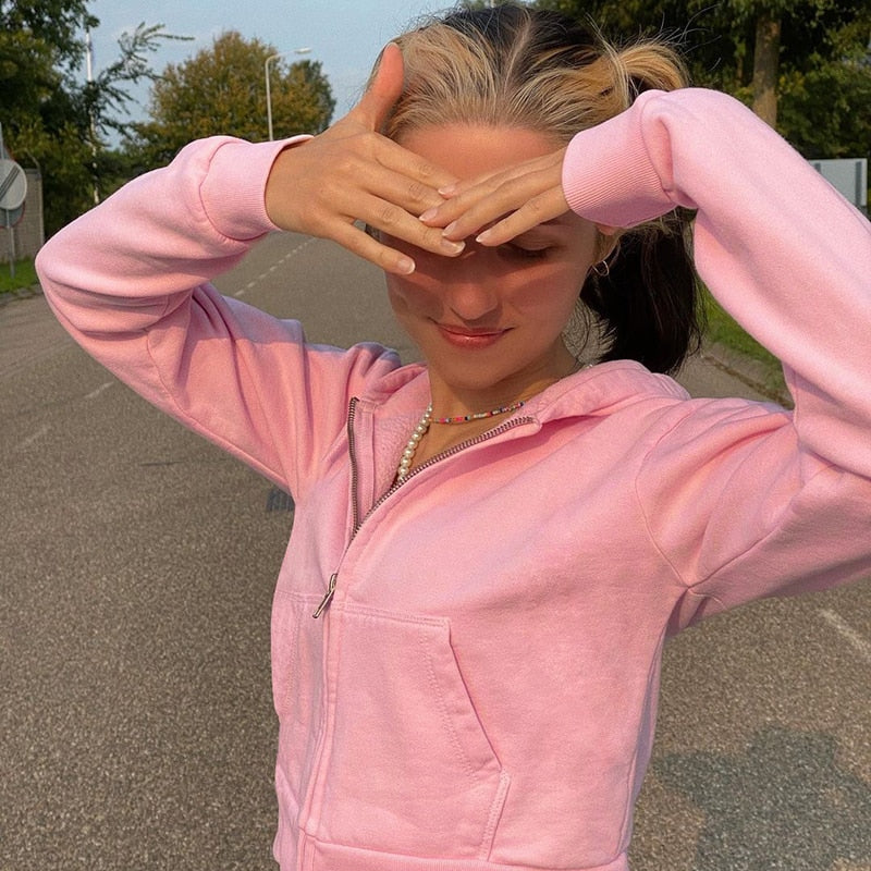 Trendige Figurbetonte Damen Cropped Zip-Up Hoodie mit Kapuze – Alina