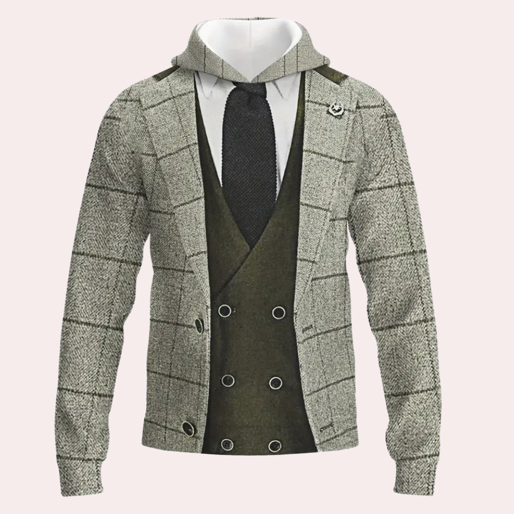 Grauer Kapuzenpullover im Anzug-Design, kariert, mit Krawatte, Herrenmode, elegant und modern.