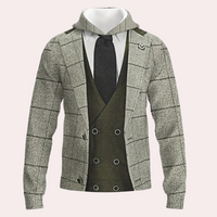 Grauer Kapuzenpullover im Anzug-Design, kariert, mit Krawatte, Herrenmode, elegant und modern.