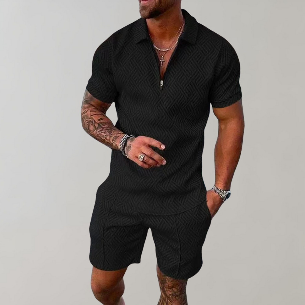 Schwarzer Herren-Zweiteiler, kurzärmelig, mit geometrischem Muster, ideal für Sommermode.