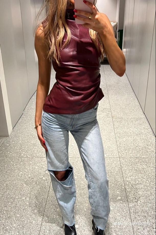 Damen Ärmelloses Leder-Top mit Taillierter Passform – Nila