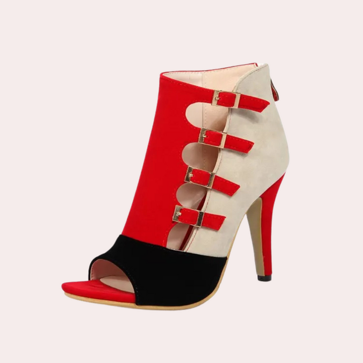 Damen High Heels, rot-schwarz-beige, Wildleder, Peep-Toe, Schnallen, eleganter Absatzschuh.