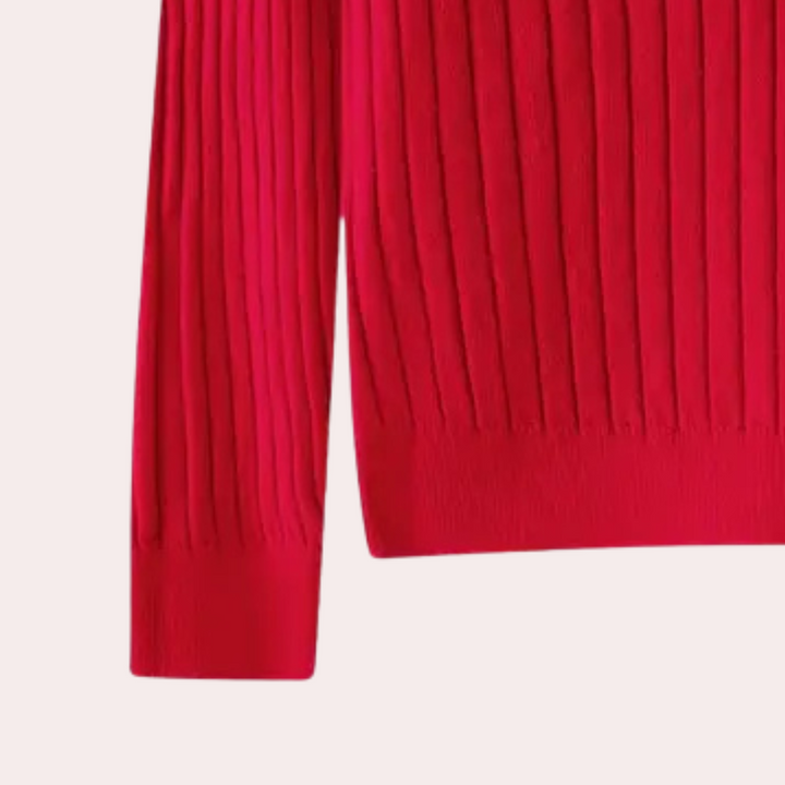 Roter Strickpullover, geripptes Design, langärmlig, Damenmode, Baumwolle.