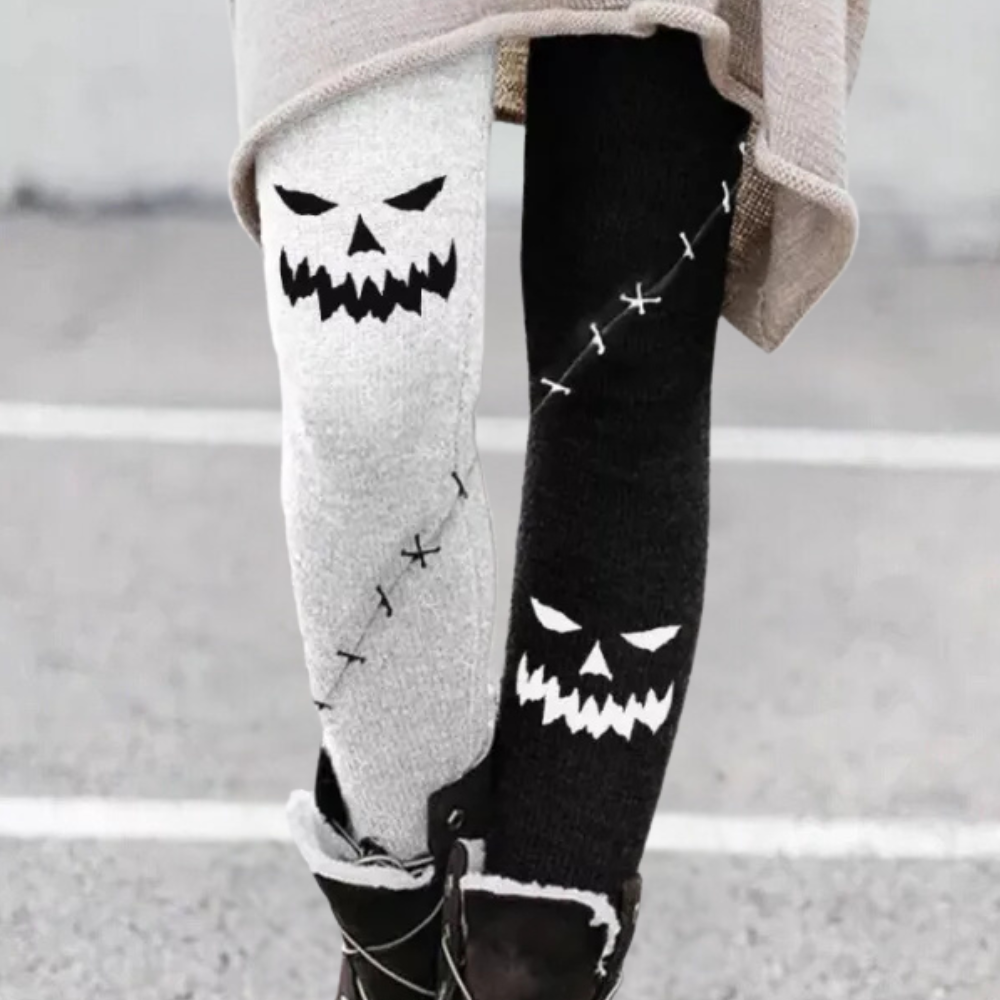 Damenstrumpfhose Halloween, schwarz-weiß, Kürbisgesicht, Baumwolle, warm, modisch.