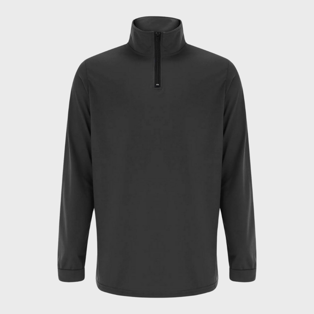 Schwarzer Herren-Pullover mit Reißverschluss, langärmelig, atmungsaktiv, sportlich.