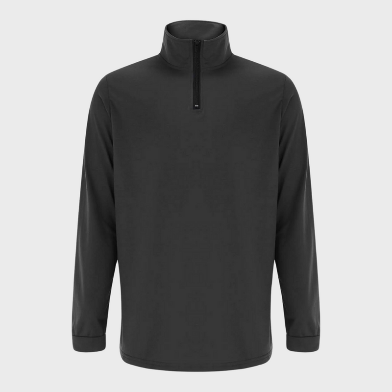 Schwarzer Herren-Pullover mit Reißverschluss, langärmelig, atmungsaktiv, sportlich.