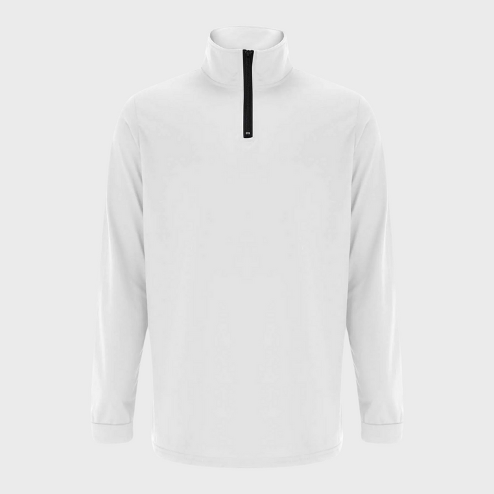 Weißer Herren-Pullover mit Reißverschluss, Langarm, Stehkragen, atmungsaktives Material.