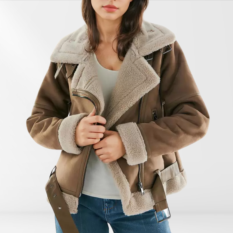 Damen Sherpa Bomberjacke aus Fleece mit Reißverschluss – Amira