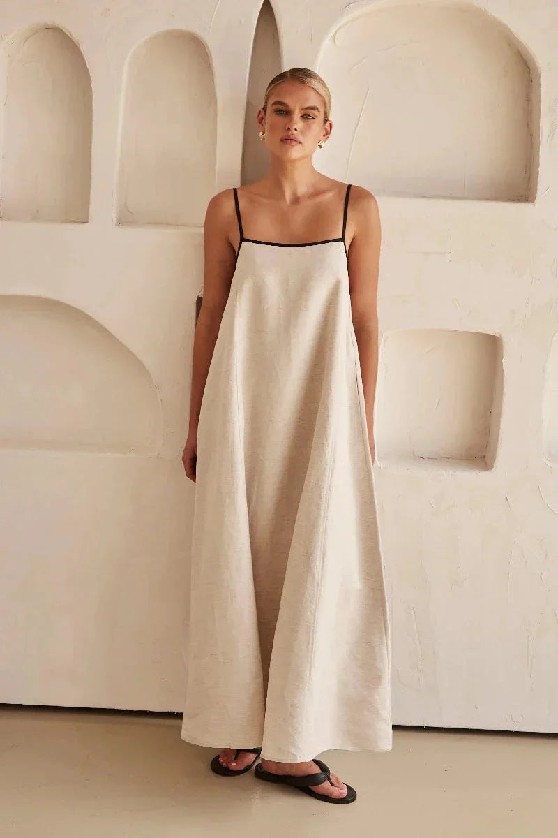 Sleeveless Beige Boho Maxi Dress in Linen Look – Elin