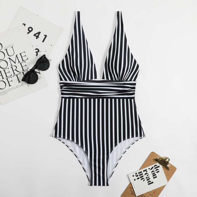Trendy Women's Swimsuit with V-Neck and Stripe Pattern – Lina