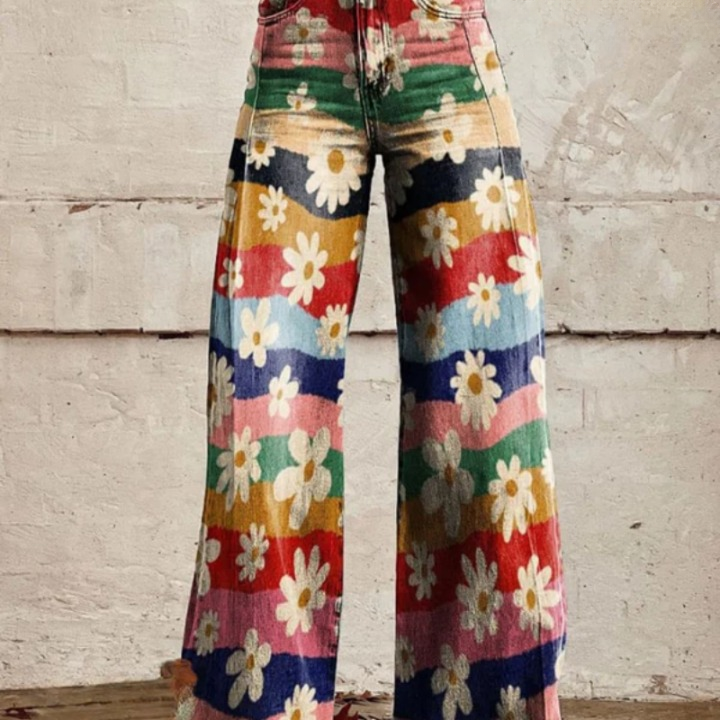 Trendige Retro-Blumenhose mit Schlag und hoher Taille – Mirella