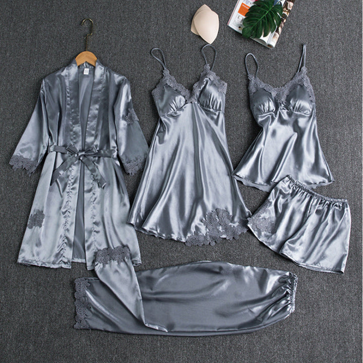 Satinschlafset 5-teilig mit Spitze für Damen – Liora