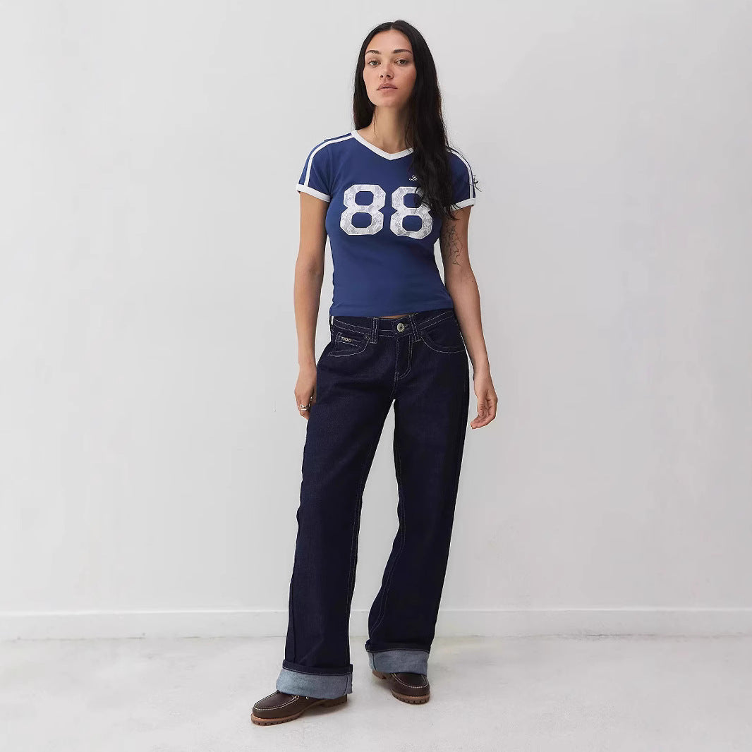Trendy Damen T-Shirt mit Spitzendetail & Kontrast-Ärmeln – Yelina