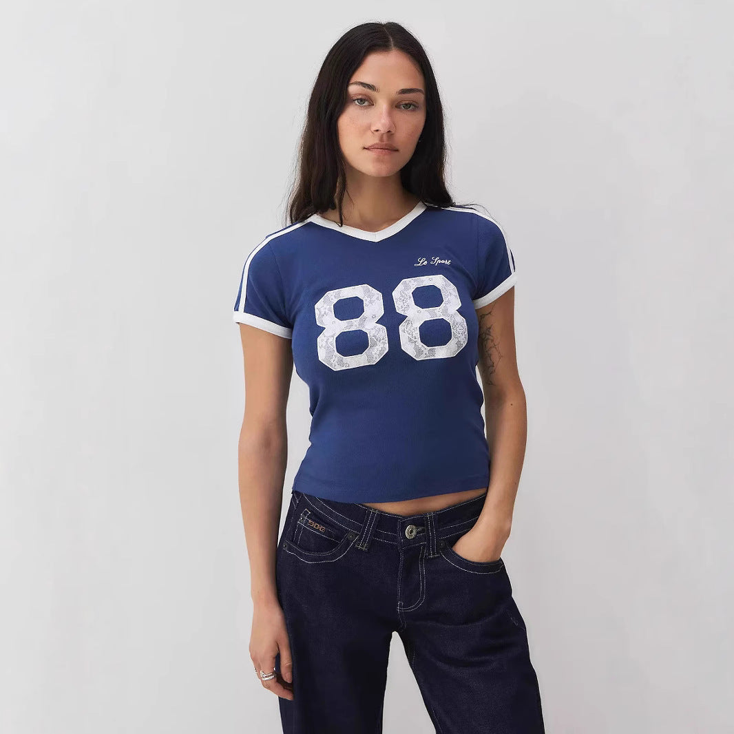 Trendy Damen T-Shirt mit Spitzendetail & Kontrast-Ärmeln – Yelina