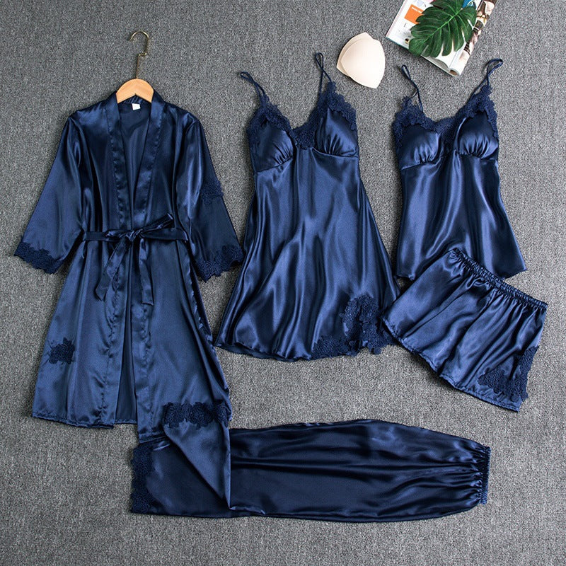 Satinschlafset 5-teilig mit Spitze für Damen – Liora
