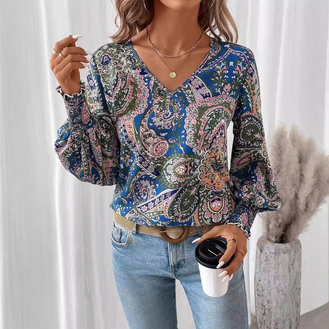 Blumenprint Damenbluse mit V-Ausschnitt & Laternenärmeln – Malina