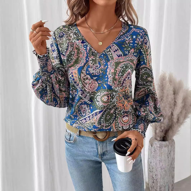 Blumenprint Damenbluse mit V-Ausschnitt & Laternenärmeln – Malina