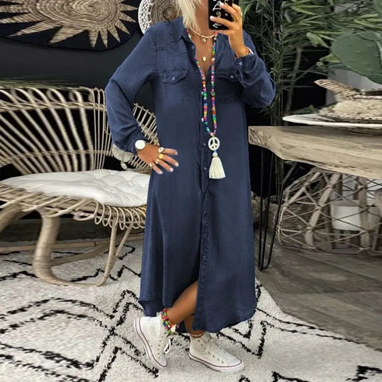 Trendy denim dress with button placket and pockets – Isaline