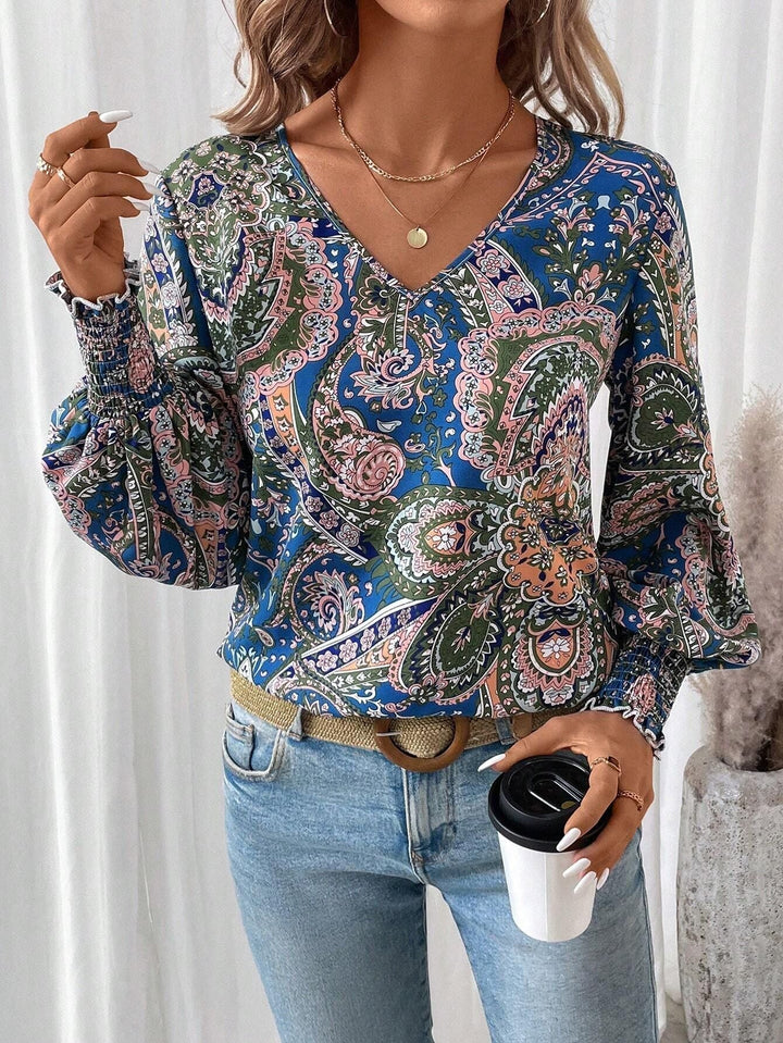 Blumenprint Damenbluse mit V-Ausschnitt & Laternenärmeln – Malina